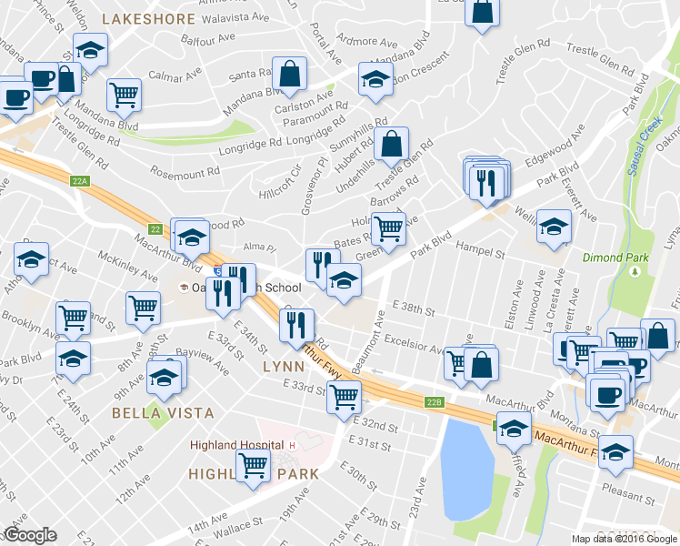 map of restaurants, bars, coffee shops, grocery stores, and more near 3793 Park Boulevard Way in Oakland