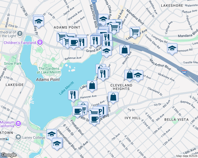 map of restaurants, bars, coffee shops, grocery stores, and more near 479 Wesley Avenue in Oakland