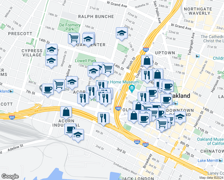 map of restaurants, bars, coffee shops, grocery stores, and more near 989 Brush Street in Oakland