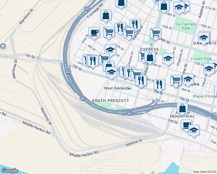 map of restaurants, bars, coffee shops, grocery stores, and more near in Oakland