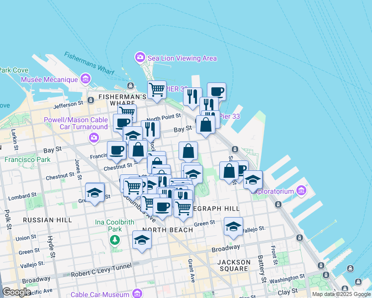 map of restaurants, bars, coffee shops, grocery stores, and more near 251 Chestnut Street in San Francisco