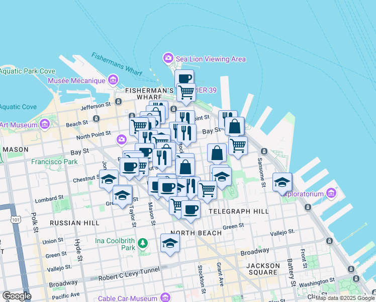 map of restaurants, bars, coffee shops, grocery stores, and more near 340 Chestnut Street in San Francisco