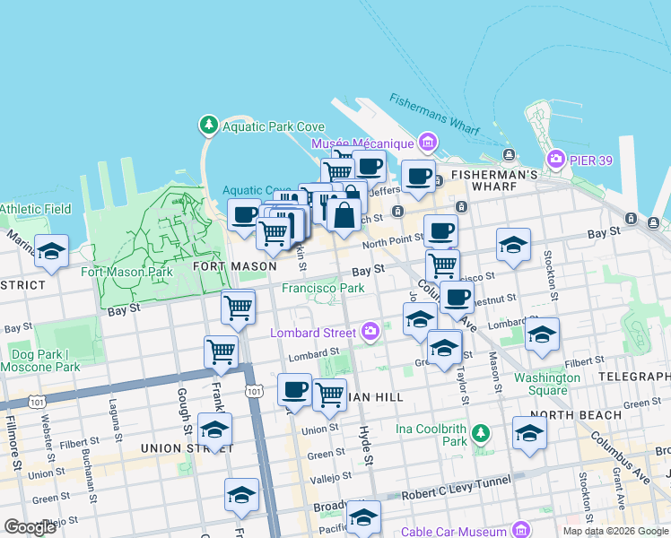 map of restaurants, bars, coffee shops, grocery stores, and more near 851 Bay Street in San Francisco
