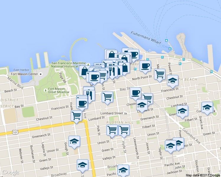 map of restaurants, bars, coffee shops, grocery stores, and more near 851 Bay Street in San Francisco