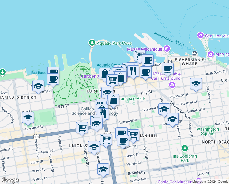 map of restaurants, bars, coffee shops, grocery stores, and more near 1015 Bay Street in San Francisco