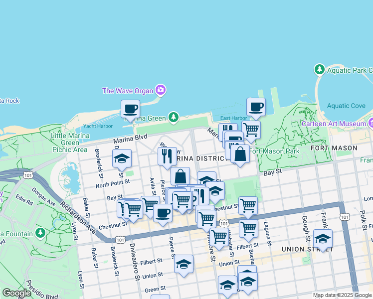 map of restaurants, bars, coffee shops, grocery stores, and more near in San Francisco