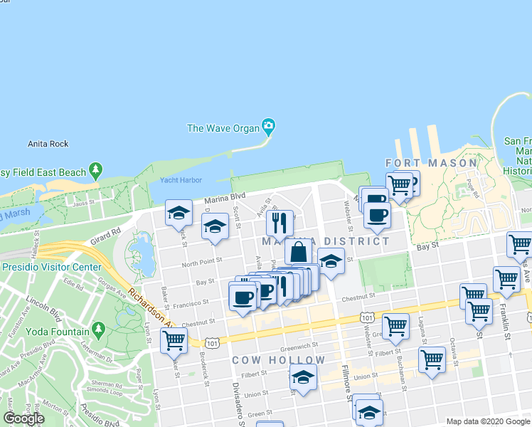 map of restaurants, bars, coffee shops, grocery stores, and more near 159 Cervantes Boulevard in San Francisco