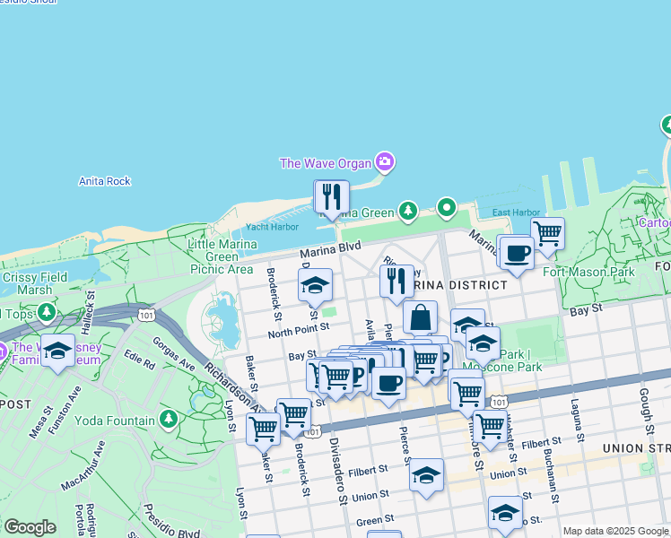 map of restaurants, bars, coffee shops, grocery stores, and more near 2 Prado Street in San Francisco