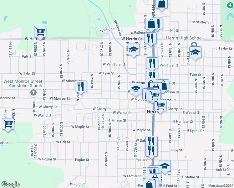 map of restaurants, bars, coffee shops, grocery stores, and more near 501-599 West Monroe Street in Herrin