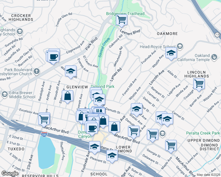 map of restaurants, bars, coffee shops, grocery stores, and more near 3836 Lyman Road in Oakland