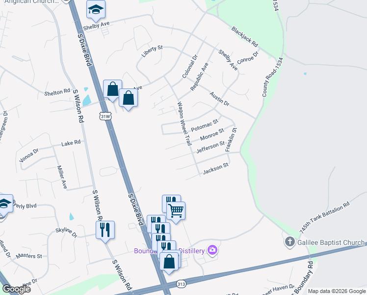 map of restaurants, bars, coffee shops, grocery stores, and more near 124 Darby Woods Court in Radcliff