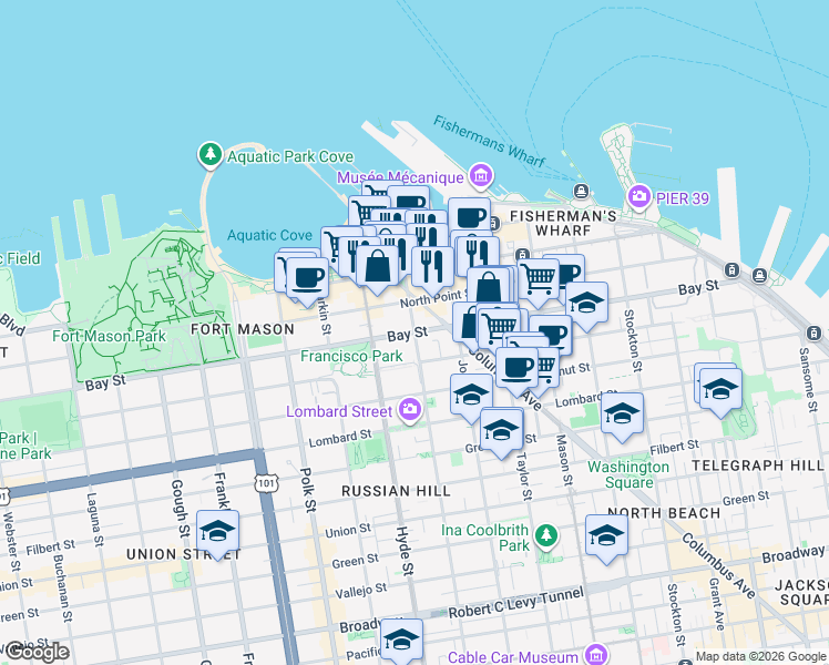 map of restaurants, bars, coffee shops, grocery stores, and more near Bay St & Leavenworth St in San Francisco