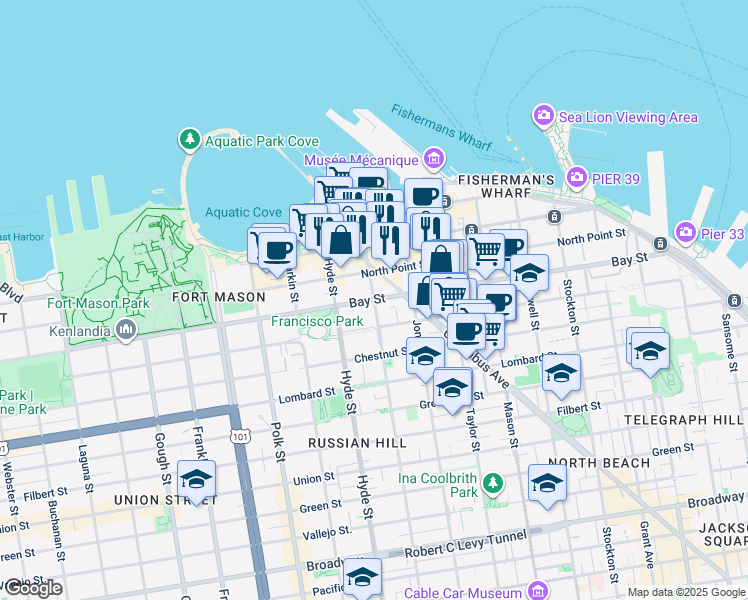 map of restaurants, bars, coffee shops, grocery stores, and more near Bay Street & Leavenworth Street in San Francisco