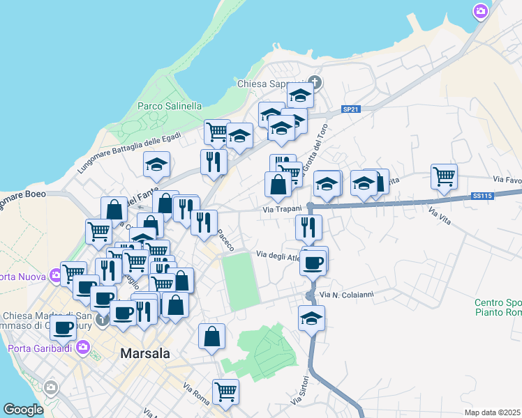 map of restaurants, bars, coffee shops, grocery stores, and more near Via Pantelleria in Marsala