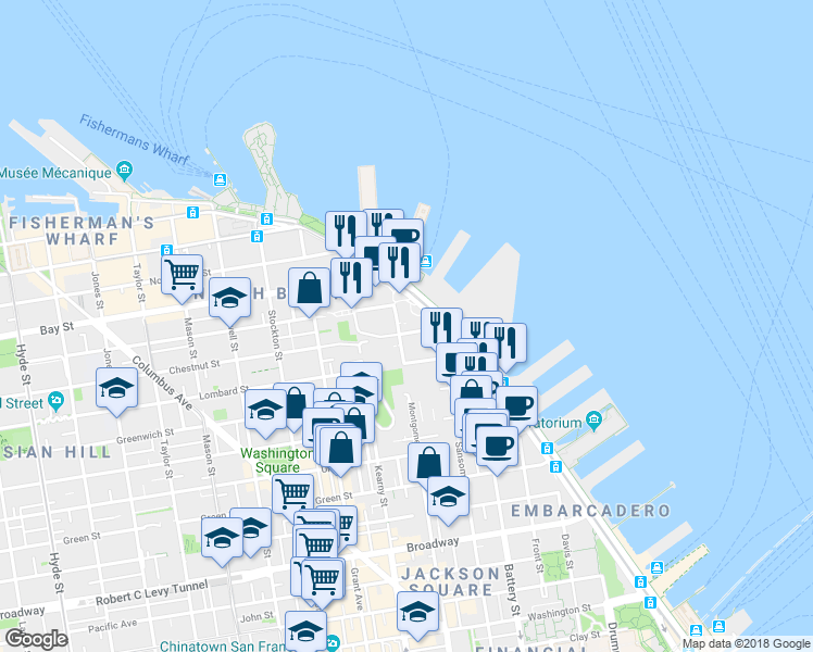 map of restaurants, bars, coffee shops, grocery stores, and more near 1750 Montgomery Street in San Francisco