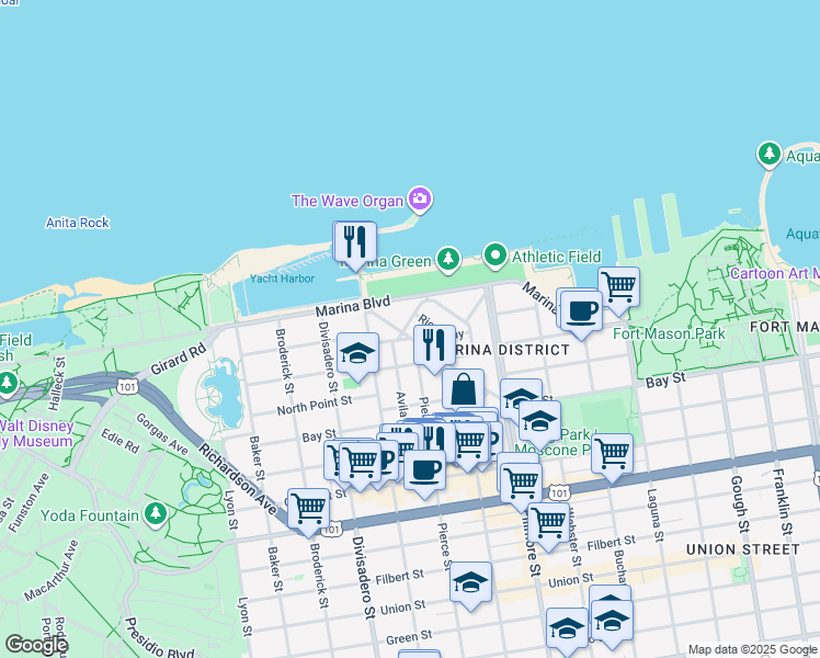 map of restaurants, bars, coffee shops, grocery stores, and more near 400 Avila Street in San Francisco