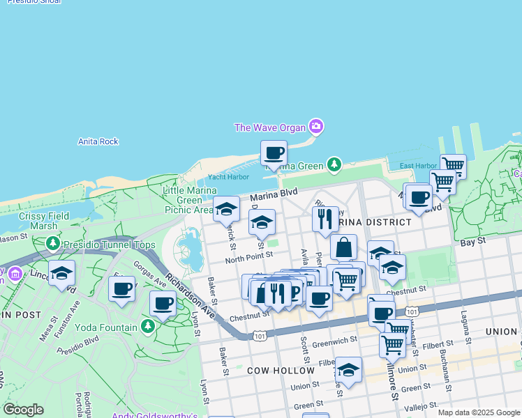 map of restaurants, bars, coffee shops, grocery stores, and more near 3820 Divisadero Street in San Francisco