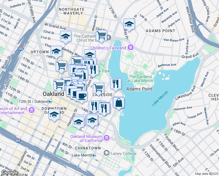 map of restaurants, bars, coffee shops, grocery stores, and more near in Oakland