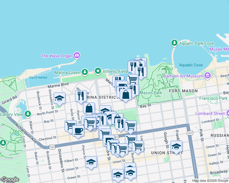 map of restaurants, bars, coffee shops, grocery stores, and more near 1539 Beach Street in San Francisco