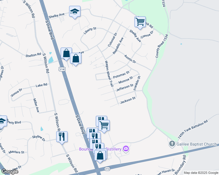 map of restaurants, bars, coffee shops, grocery stores, and more near 121 Derbyshire Court in Radcliff
