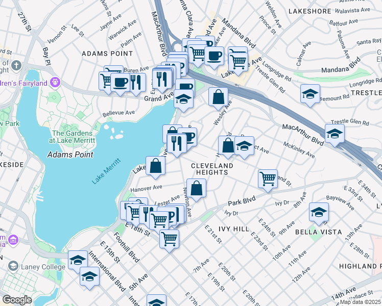 map of restaurants, bars, coffee shops, grocery stores, and more near 605 Hillsborough Street in Oakland