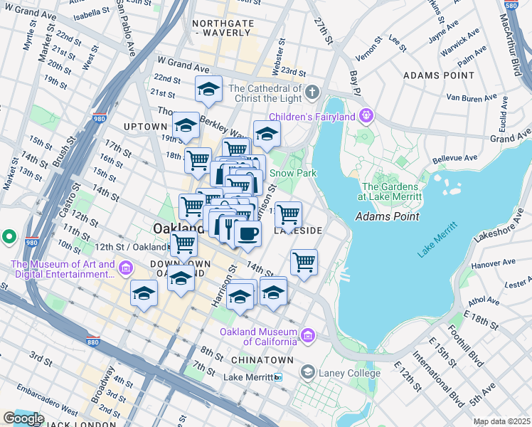 map of restaurants, bars, coffee shops, grocery stores, and more near 1500 Harrison Street in Oakland