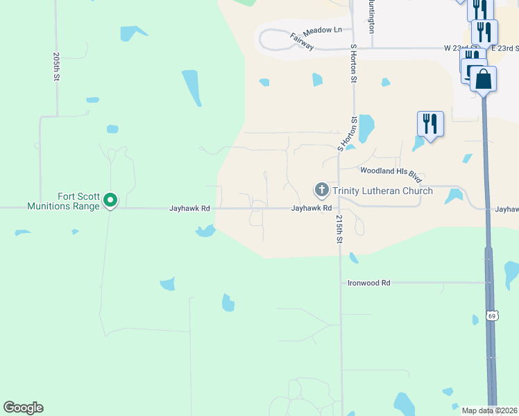 map of restaurants, bars, coffee shops, grocery stores, and more near 2126 Jayhawk Road in Fort Scott