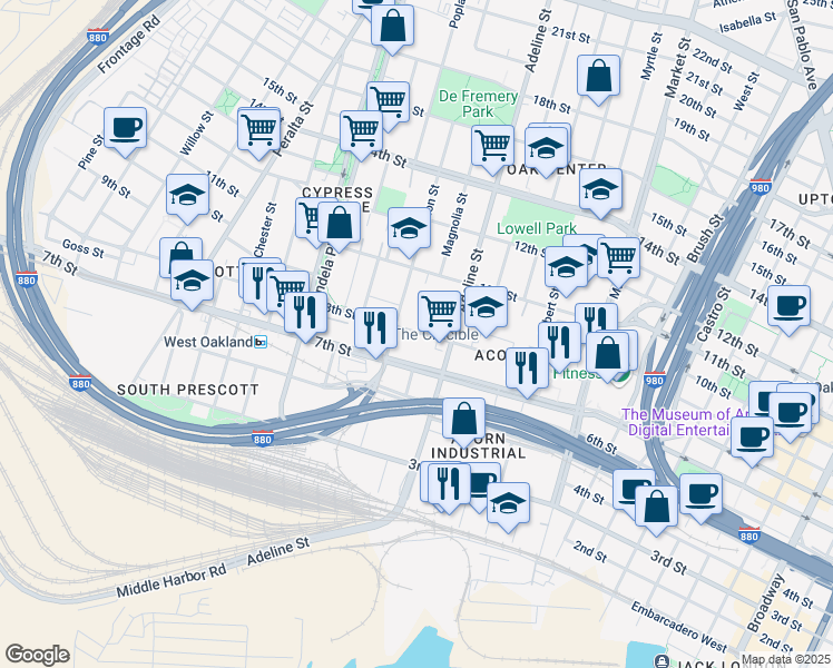 map of restaurants, bars, coffee shops, grocery stores, and more near 1171 8th Street in Oakland