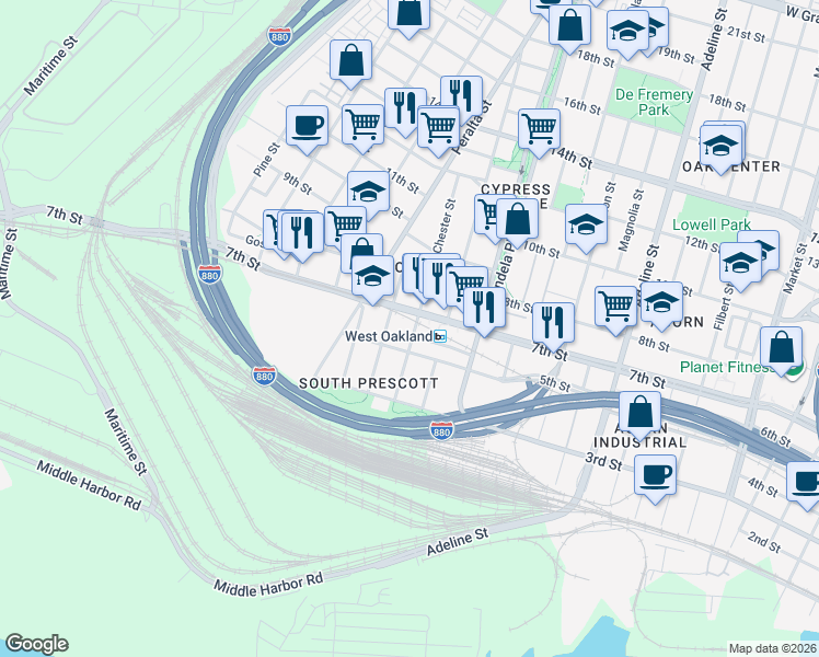 map of restaurants, bars, coffee shops, grocery stores, and more near 1500 Fifth Street in Oakland