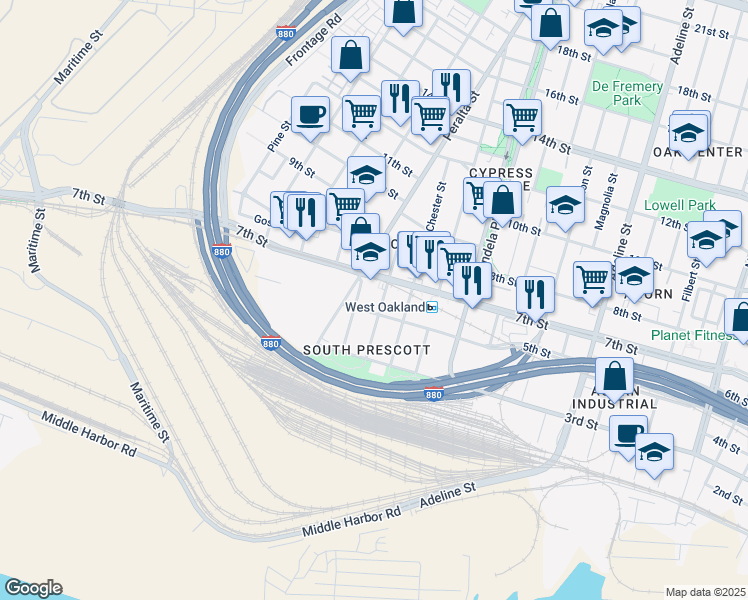 map of restaurants, bars, coffee shops, grocery stores, and more near in Oakland