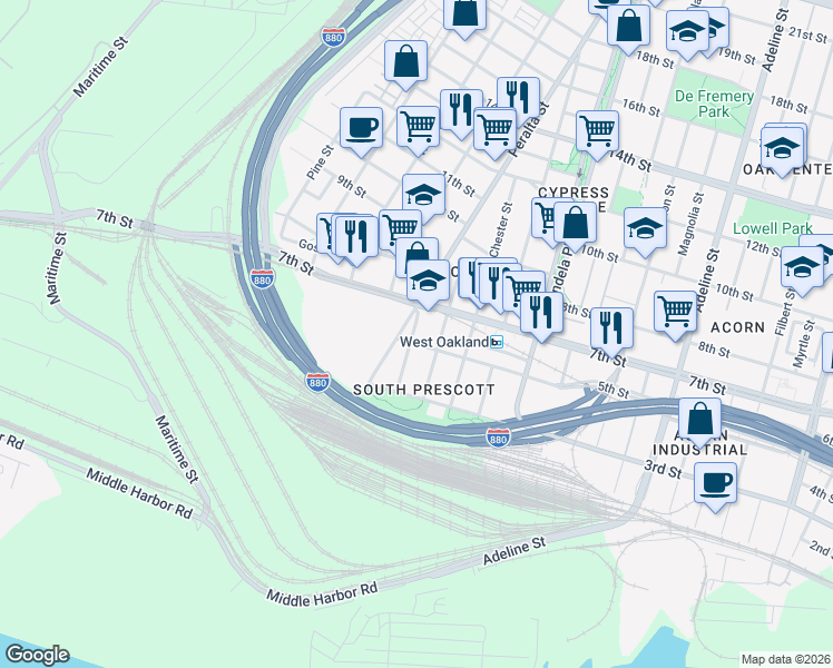 map of restaurants, bars, coffee shops, grocery stores, and more near in Oakland