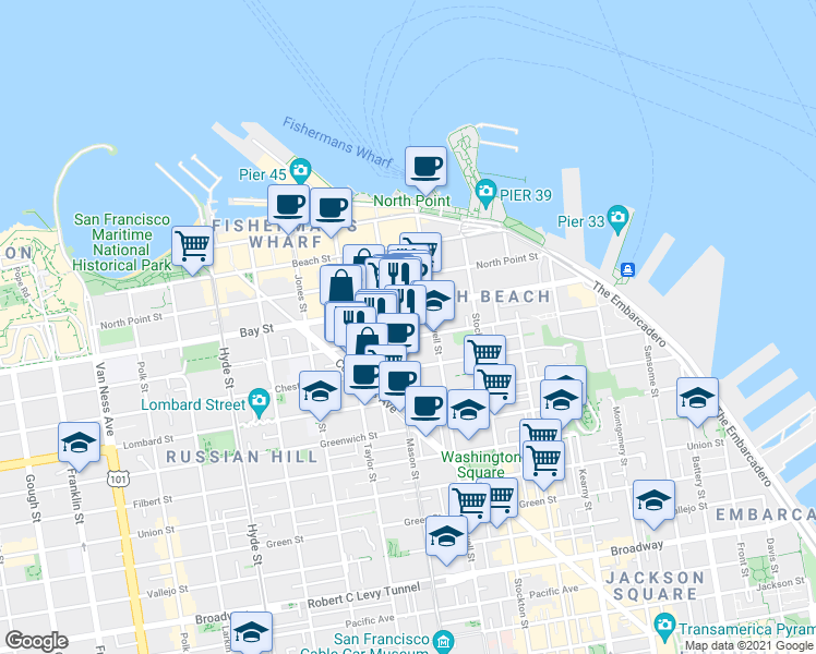 map of restaurants, bars, coffee shops, grocery stores, and more near in San Francisco