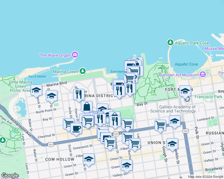map of restaurants, bars, coffee shops, grocery stores, and more near in San Francisco