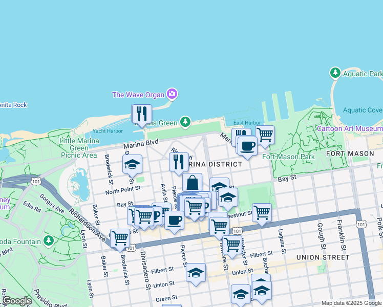 map of restaurants, bars, coffee shops, grocery stores, and more near 1780 Beach Street in San Francisco