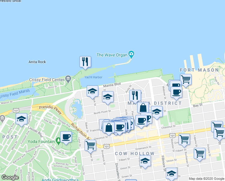map of restaurants, bars, coffee shops, grocery stores, and more near 1895 Jefferson Street in San Francisco