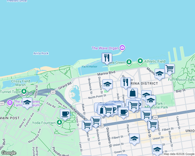 map of restaurants, bars, coffee shops, grocery stores, and more near 1895 Jefferson Street in San Francisco