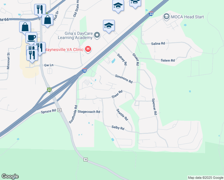 map of restaurants, bars, coffee shops, grocery stores, and more near 20225 Steer Road in Waynesville