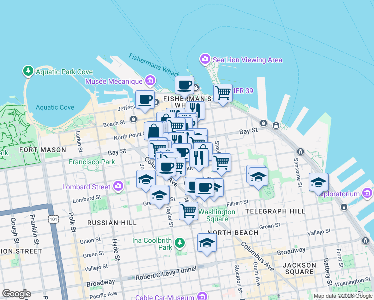map of restaurants, bars, coffee shops, grocery stores, and more near 55 Vandewater Street in San Francisco