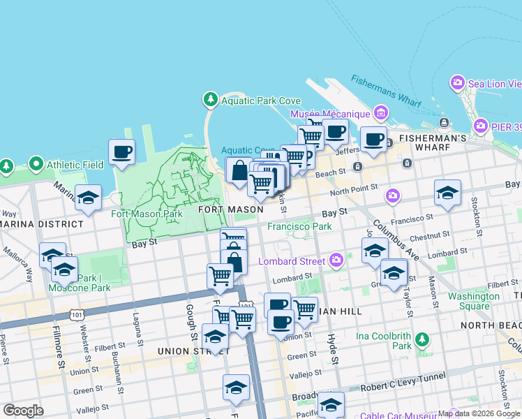 map of restaurants, bars, coffee shops, grocery stores, and more near 3058 Polk Street in San Francisco