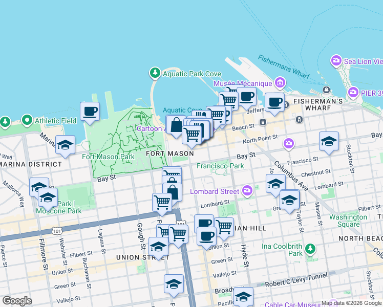 map of restaurants, bars, coffee shops, grocery stores, and more near 3058 Polk Street in San Francisco