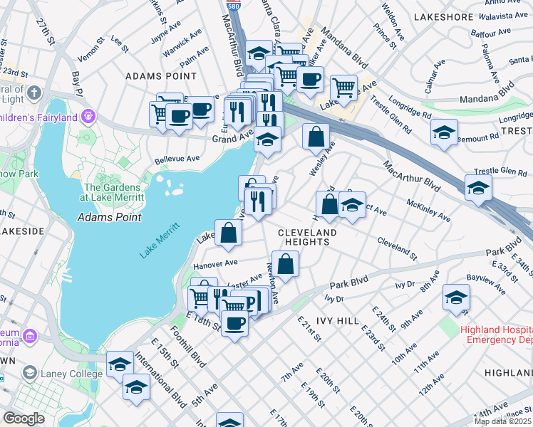 map of restaurants, bars, coffee shops, grocery stores, and more near 609 Brooklyn Avenue in Oakland
