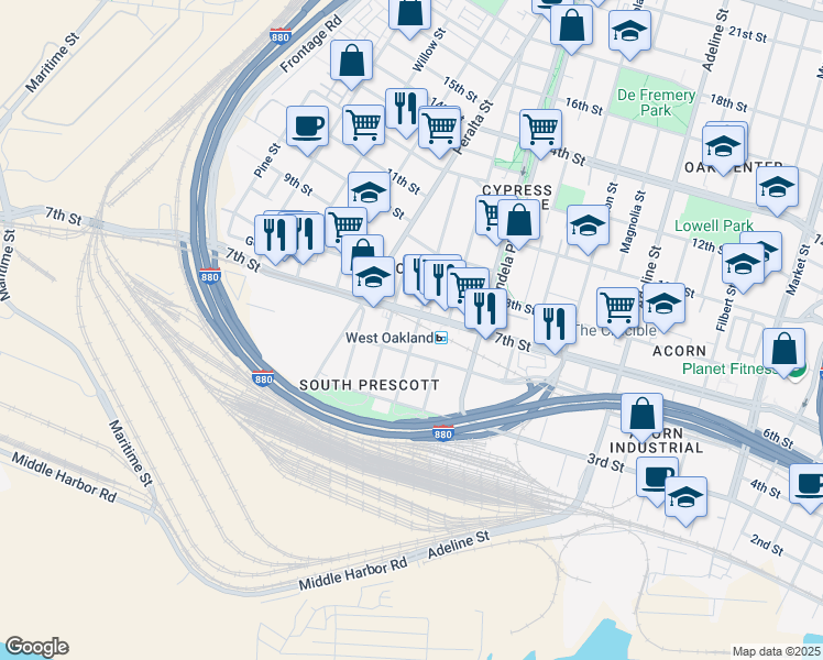 map of restaurants, bars, coffee shops, grocery stores, and more near 1500 Fifth Street in Oakland