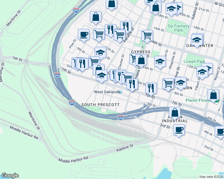 map of restaurants, bars, coffee shops, grocery stores, and more near 1500 Fifth Street in Oakland