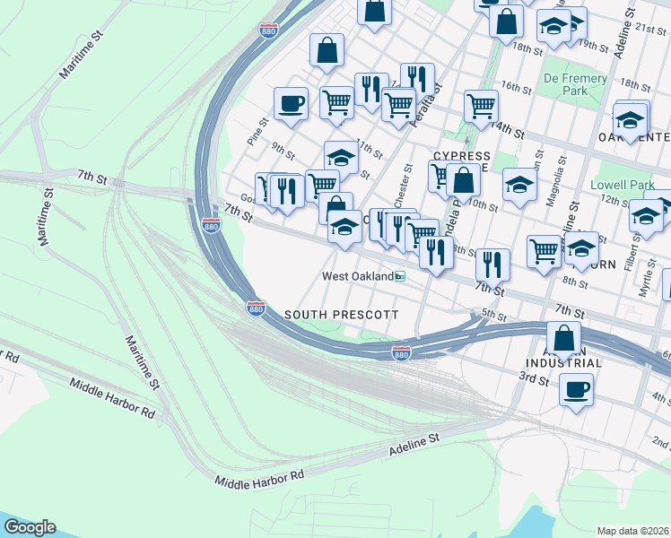 map of restaurants, bars, coffee shops, grocery stores, and more near in Oakland