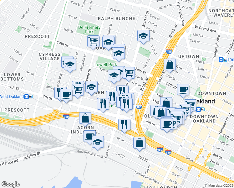 map of restaurants, bars, coffee shops, grocery stores, and more near 920 Myrtle Street in Oakland