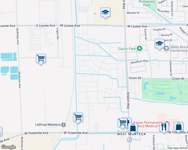 map of restaurants, bars, coffee shops, grocery stores, and more near 511 North Airport Way in Manteca