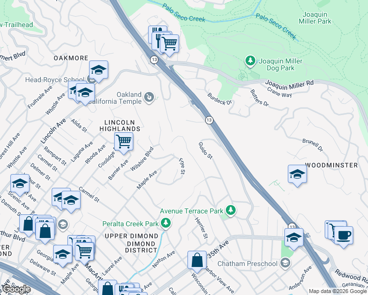 map of restaurants, bars, coffee shops, grocery stores, and more near 3015 Jordan Road in Oakland