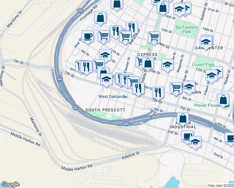 map of restaurants, bars, coffee shops, grocery stores, and more near 537 Chester Street in Oakland