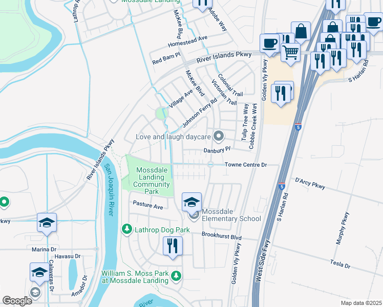 map of restaurants, bars, coffee shops, grocery stores, and more near 17112 Pacific Oak Lane in Lathrop