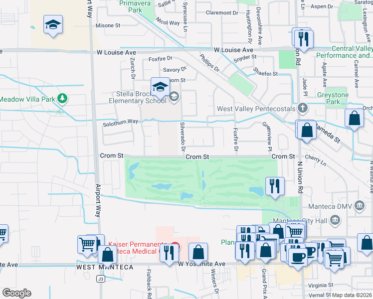 map of restaurants, bars, coffee shops, grocery stores, and more near 1687 Crom Street in Manteca
